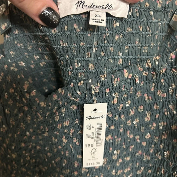 Madewell Tucker Tie Strap Mini Dress Green Floral Smocked Bodice Size XL NWT - Picture 4 of 8